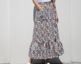 Ruffle Hem Maxi Wrap Skirt with Pockets / Floral Long Summer Skirt / Blue Cotton Tiered Skirt / Tie Waist Skirt / Cottage Midi Skirt