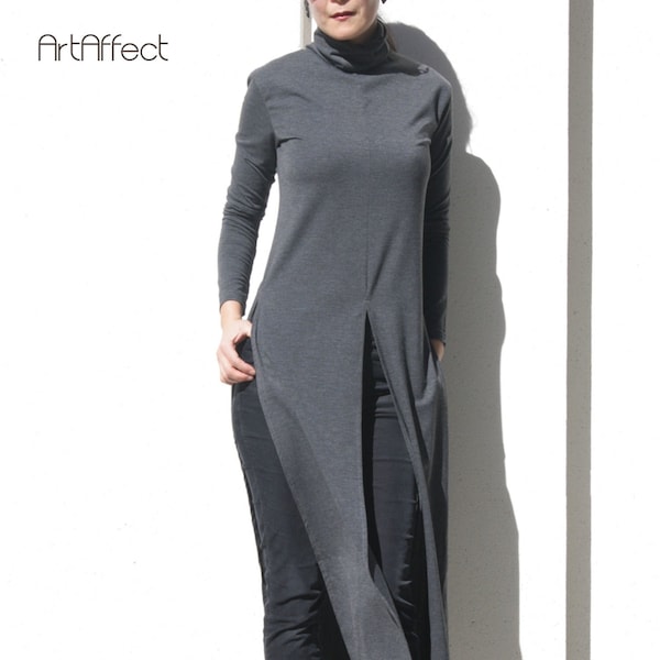 Turtleneck Long Tunic with High Slit, Front Slit Top, Plus Size Clothing, Tie Front Shirt, Side Slit Top, Boho Maxi Tunic, Gray Long Shirt