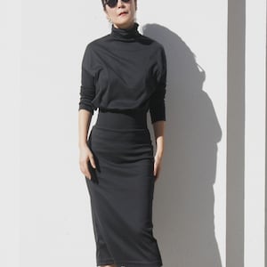 Black Turtleneck Blouson Midi Dress With Dolman Sleeve Loose Top Pencil Skirt Dres Slim Party Dress Winter Office Dress Sheath Dress Etsy