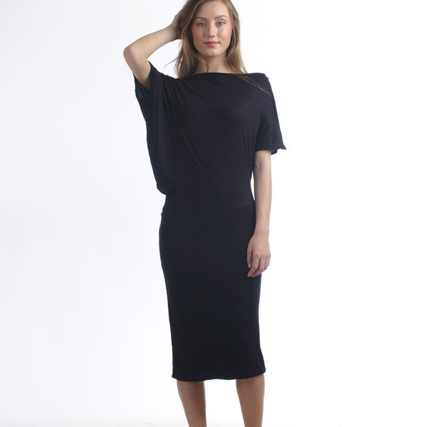 Black Boat Neck Asymmetric Dress / Draped Midi Dress / Off Shoulder Dress / Straight Dress / Blouson Dress / Party Dress /Pencil Skirt Dress