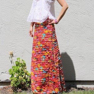 Red Yellow Ruffle Maxi Skirt / Floral Aline Long Skirt / Elastic Waist Flowy Skirt / Summer Colorful Skirt / Bohemian Festival Skirt