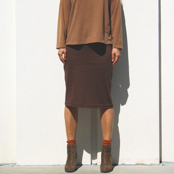 Brown Everyday Pencil Skirt with elastic waist, Below Knee Length Skirt, Fitted Work Skirt, Slim Fit Tube Skirt, Plus Size Skirt