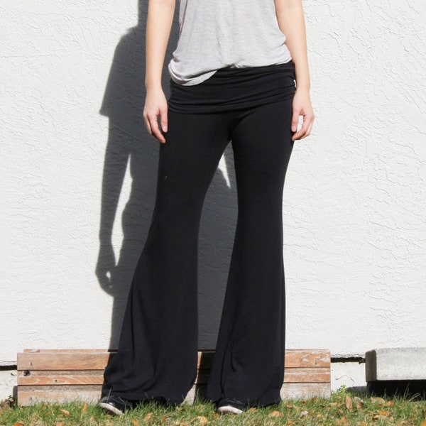 Wide Leg Pants with Side Draw String/ Bell Bottom Pants/ Yoga Pants/ Fold Over Palazzo Pants/ Black Flare Trouser/Boho Pants/Maternity Pants