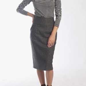 High Waist Tweed Wool Pencil Skirt: Dark Brown Midi Office Skirt