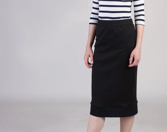 Black Midi Skirt with Rib Hem, Black Pencil Skirt, Fitted Skirt, Pull On Skirt, Straight Skirt, Office Skirt, Plus Size Skirt, Casual Skirt