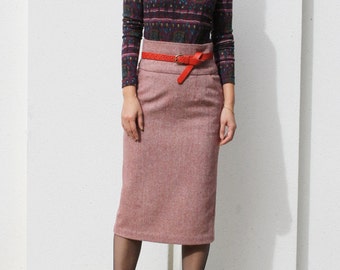 Wool High Waist Pencil Skirt with Pocket, Red Tweed Wool Skirt, Straight Midi Skirt, Office Skirt, Tailored Suit Skirt, Slim Winter Skirt