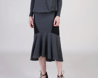 Gray Ruffle Skirt/ Midi Jersey Skirt / Fluted Hem Skirt / Below Knee Skirt / Fishtail Skirt / Tango Skirt / Fit and Flare Skirt/Office Skirt