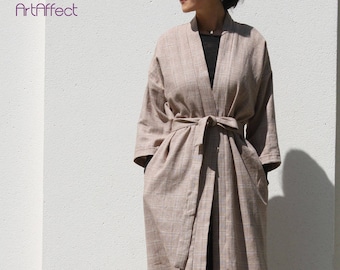 Long Linen Kimono Jacket with Tie Waist, Boho Kimono Robe, Duster Coat, Plaid Jacket, Long Cardigan, Plaid Kimono, Linen Kimono Robe