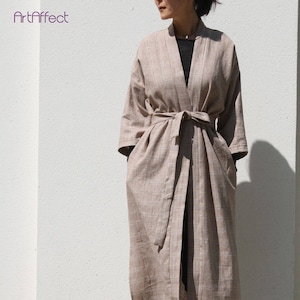 Long Linen Kimono Jacket with Tie Waist, Boho Kimono Robe, Duster Coat, Plaid Jacket, Long Cardigan, Plaid Kimono, Linen Kimono Robe