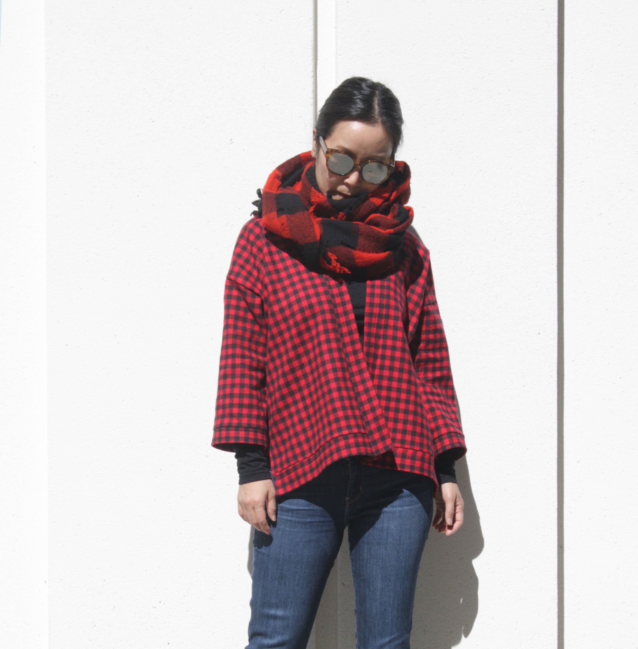Red Black Plaid Cotton Kimono Jacket 