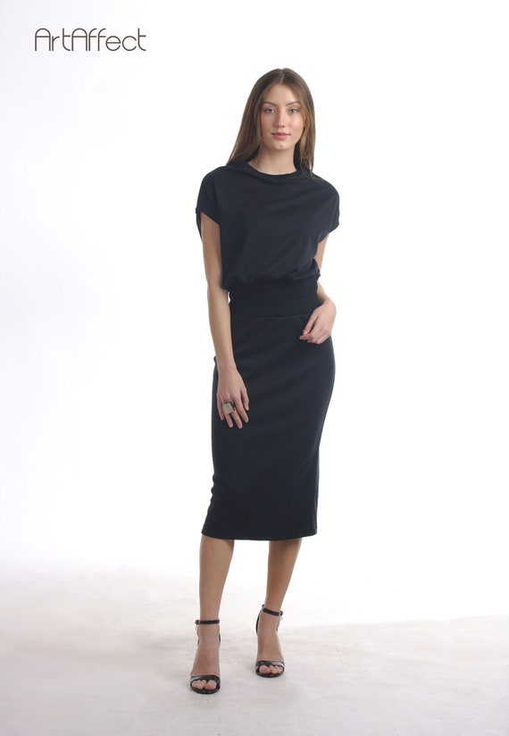 Black Blouson Midi Dress With Drop Shoulder Pencil Skirt Dress