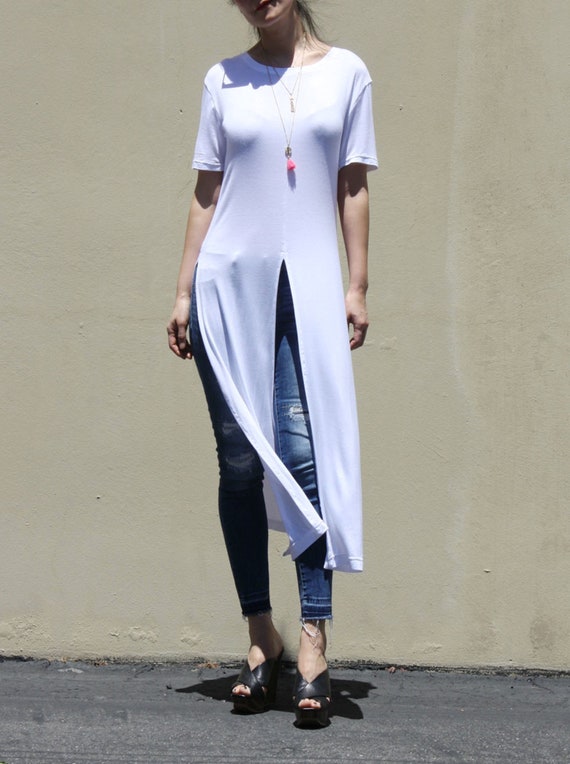 White Front Split Long Tunic Top T-shirt Dress Long Summer - Etsy