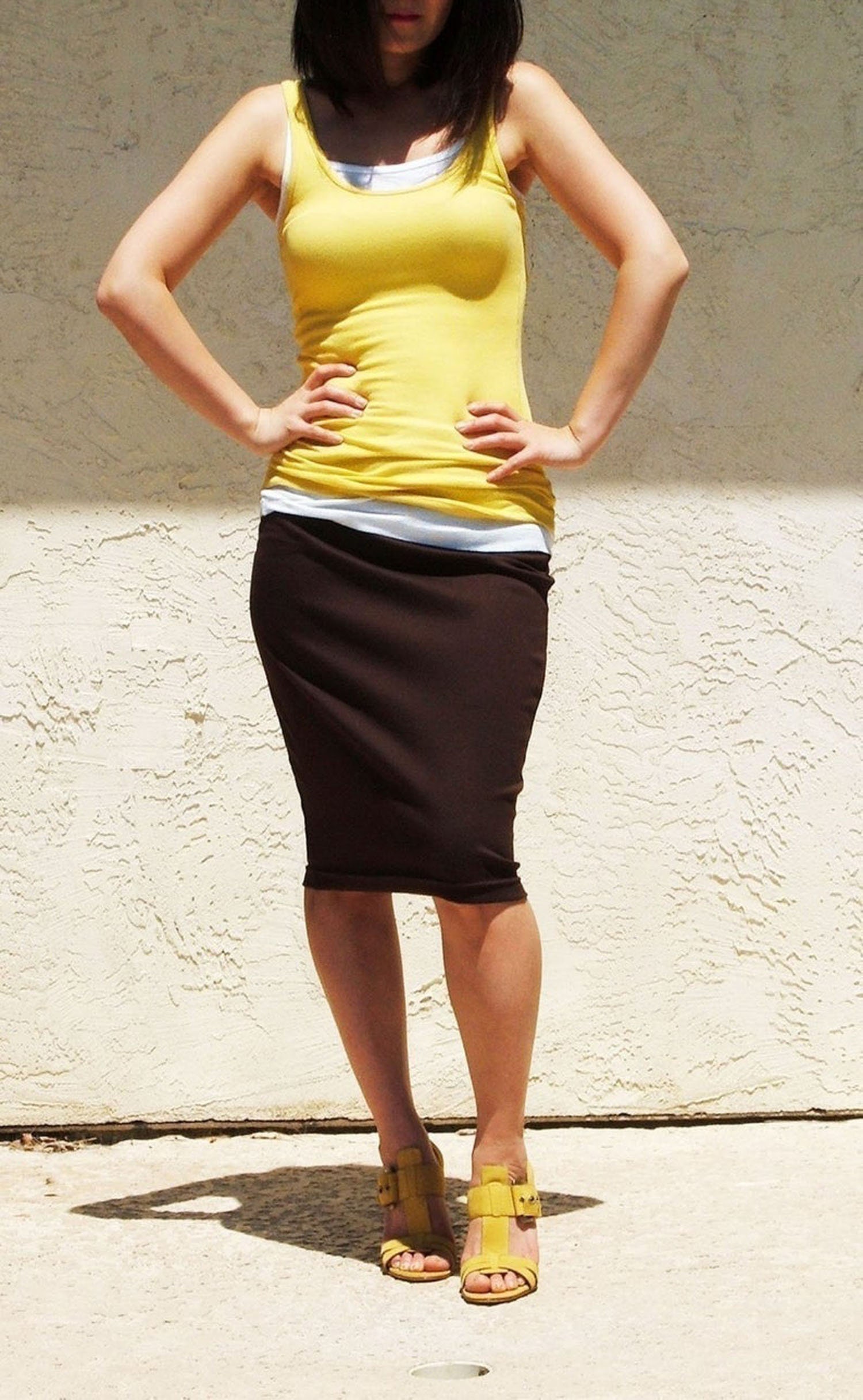 raket Æsel Bulk Brown Everyday Pencil Skirt With Elastic Waist Below Knee - Etsy Israel