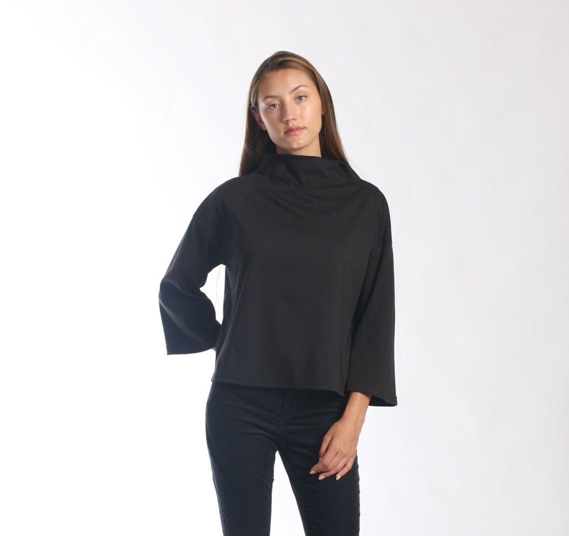 Black Mock Neck Sweater Crop Cotton Sweater Loose Winter - Etsy