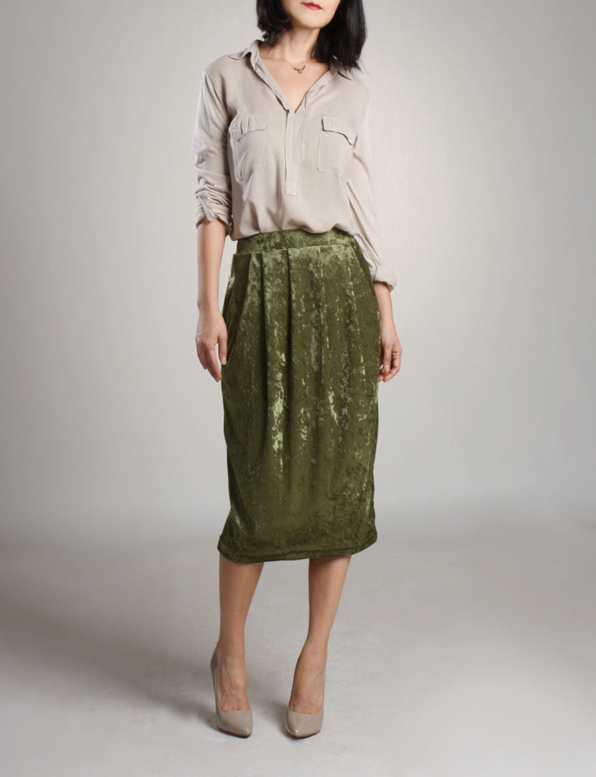 Moss Green Pull on Velvet Skirt With Pocket, Tulip Skirt, Pleated