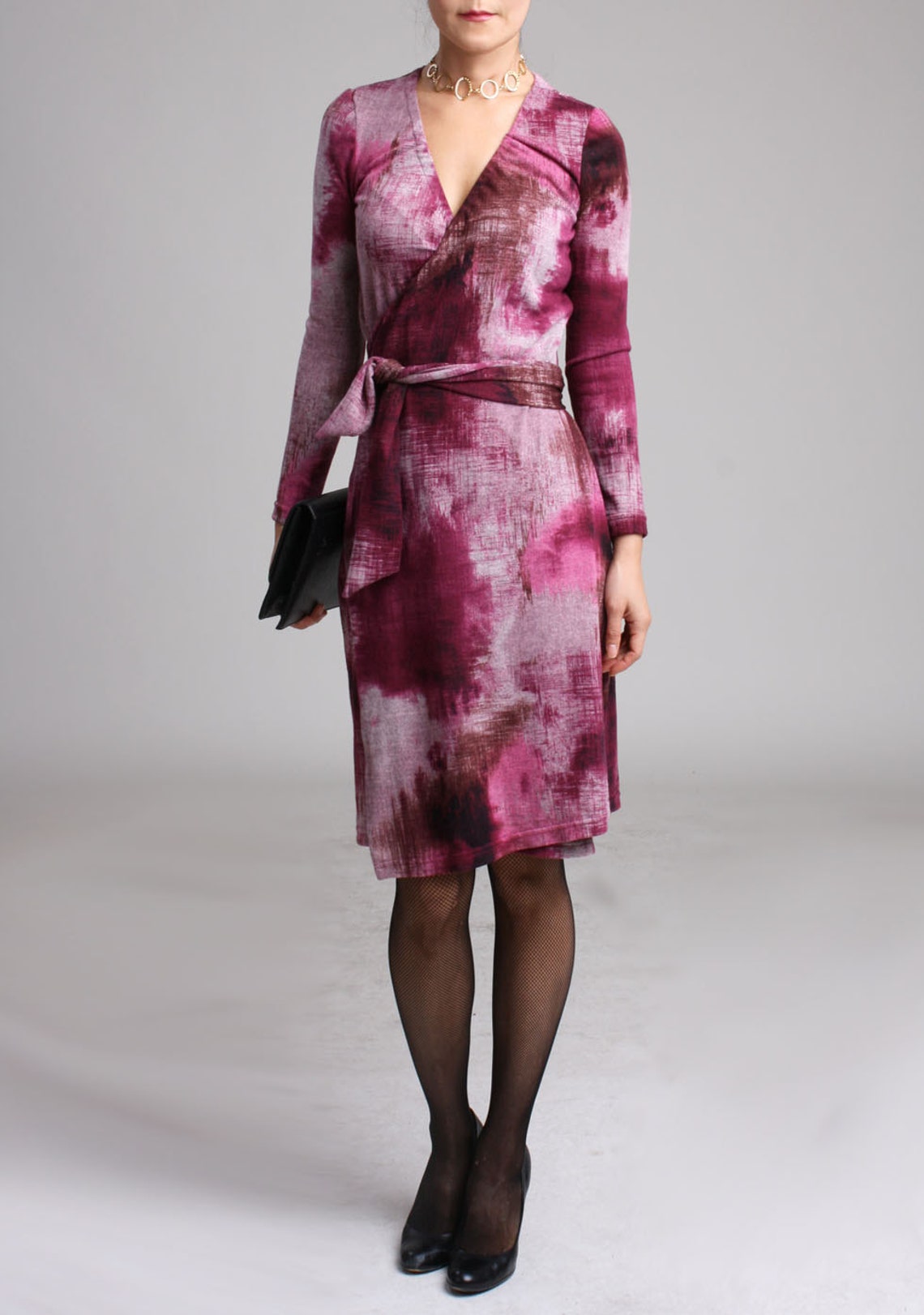 SAMPLE SALE / Faux Knit Wrap Dress With Long Sleeve, Winter Dress