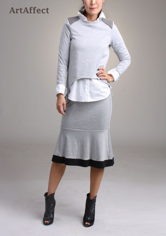 Items similar to SALE / Fishtail Skirt with Color Block Hem, Gray ...