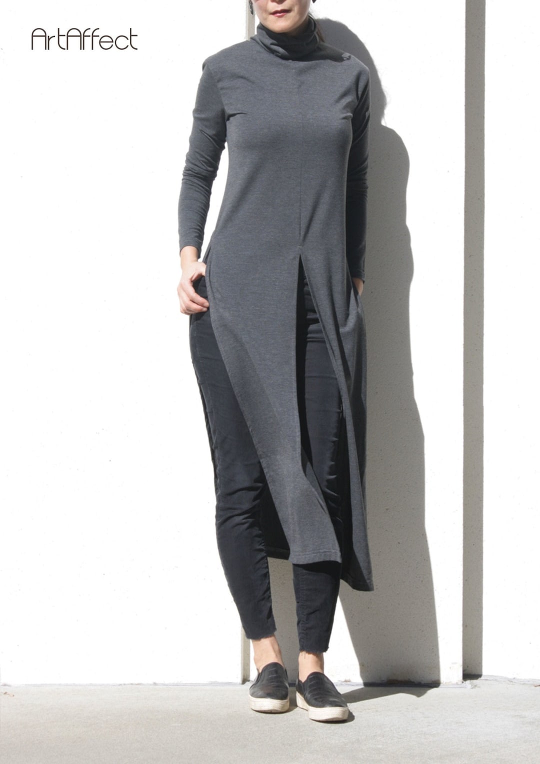 Turtleneck Long Tunic With High Slit Front Slit Top Plus - Etsy