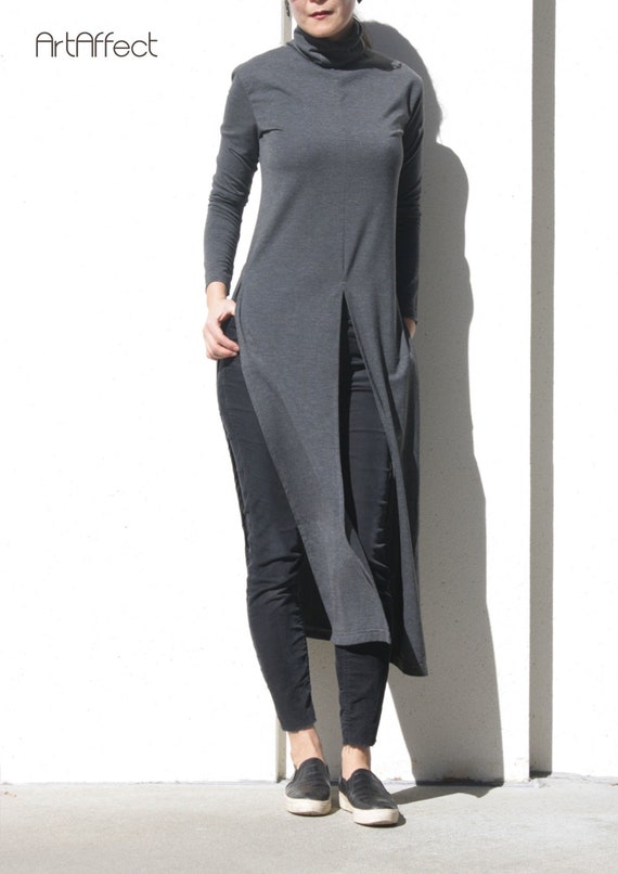 Turtleneck Long Tunic With High Slit, Front Slit Top, Plus Size Clothing,  Tie Front Shirt, Side Slit Top, Boho Maxi Tunic, Gray Long Shirt 