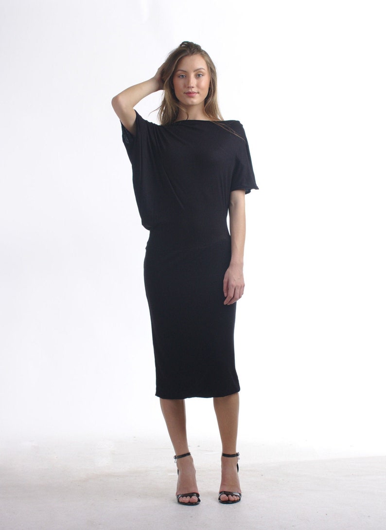 Black Boat Neck Asymmetric Dress / Draped Midi Dress / off - Etsy