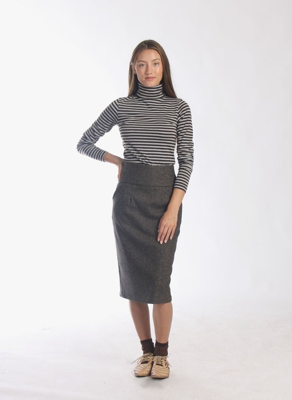 Wool High Waist Pencil Skirt With Pocket, Dark Brown Tweed Wool