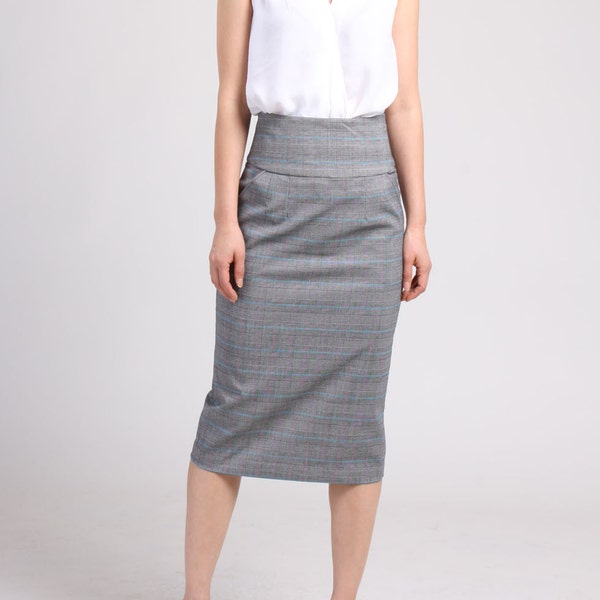 High Waist Pencil Skirt with Pocket, Checker Pencil Skirt, Straight Skirt, Office Skirt, Wear to Work Skirt, Knee Length Skirt, Suit Skirt