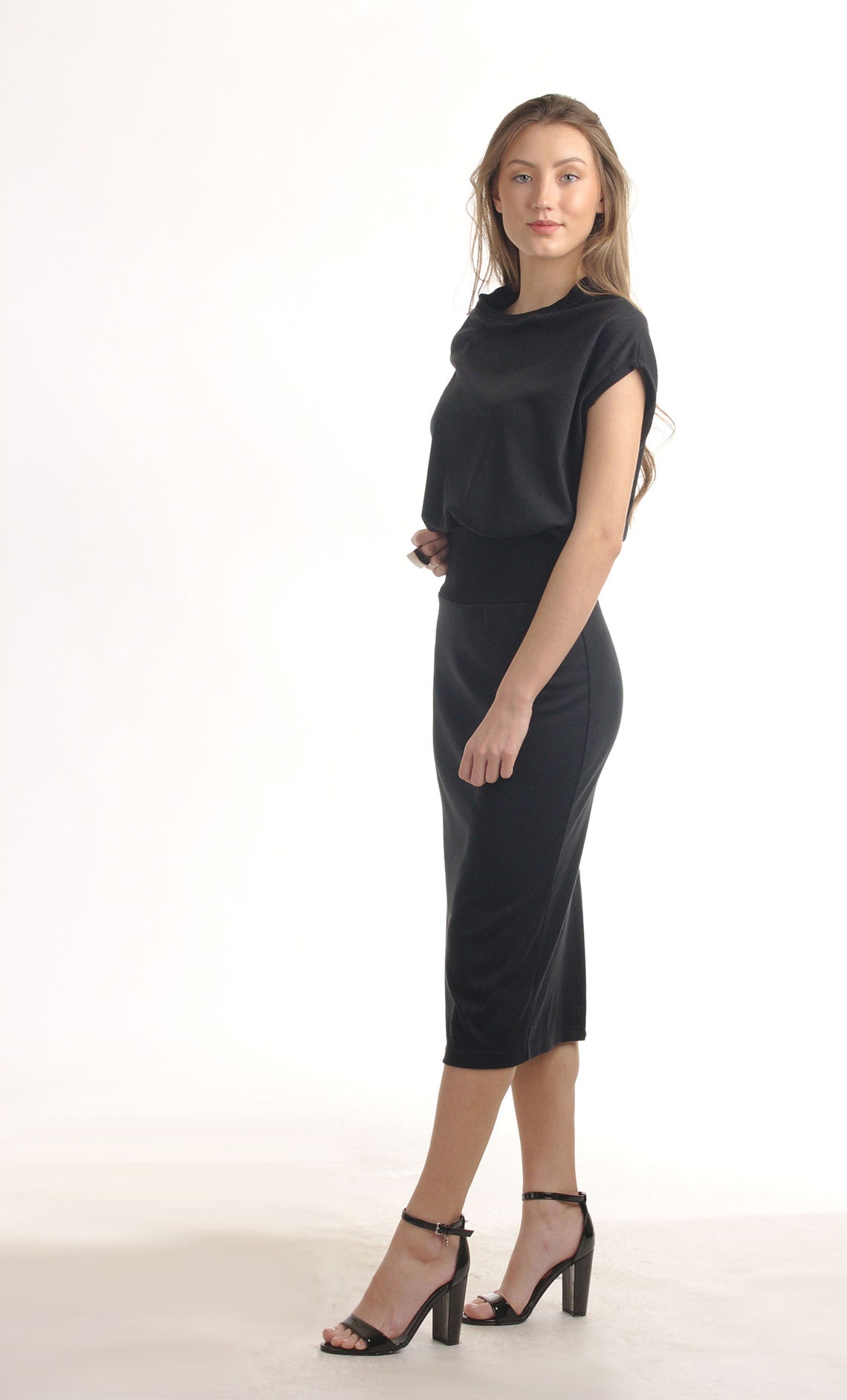 Black Blouson Midi Dress With Drop Shoulder / Pencil Skirt - Etsy