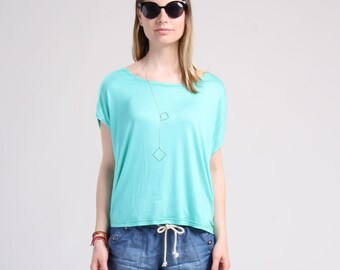 Aqua blue Loose T-Shirt / Drop Shoulder Summer Top / Relaxed Fit Blouse / Round Neck Light Blouse / Soft Jersey Top / Sky Blue Women Top