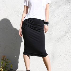 Black midi skirt with side ruching, Ruched pencil skirt, Straight Jersey Skirt, Below Knee Skirt, Office Skirt, Elastic Waist Skirt image 3