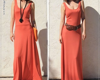 Orange Summer Maxi Dress, Bohemian Full Dress, Low Back Dress, Long Sun Dress, Open Back Dress, Fit and Flare Dress, Vacation Resort Dress