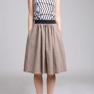 Tanned Linen full skirt with pocket, Summer gathered skirt, Natural linen skirt with elastic waist,  Light brown skirt