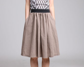 Tanned Linen full skirt with pocket, Summer gathered skirt, Natural linen skirt with elastic waist,  Light brown skirt