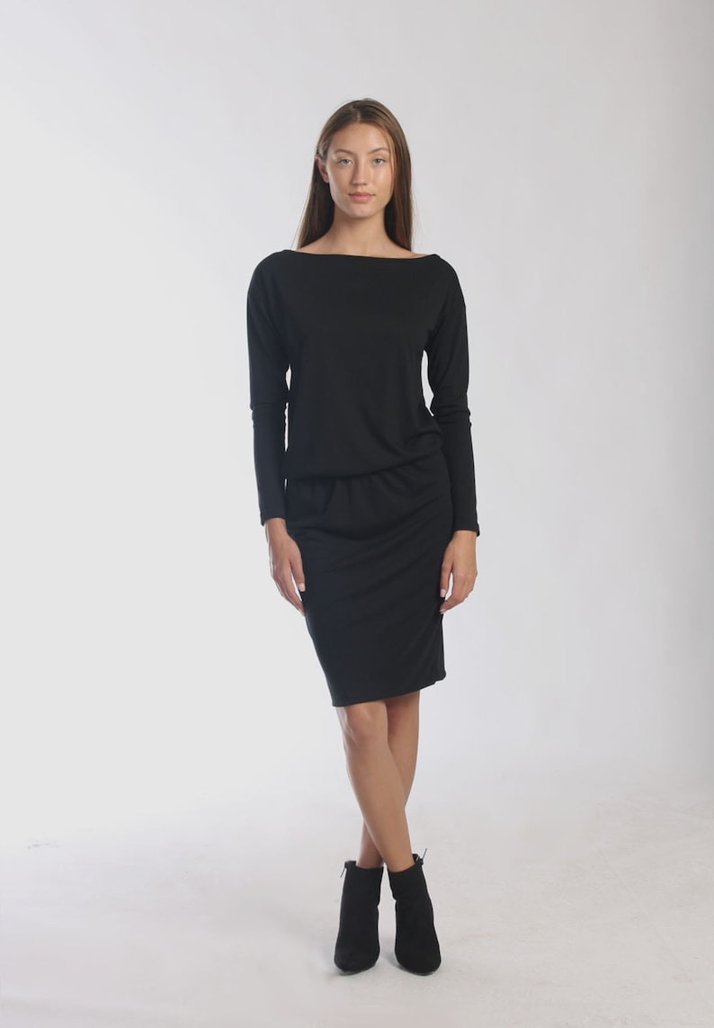 Boat Neck Blouson Dress / Elastic Waist Dress / Office Dress /black off ...