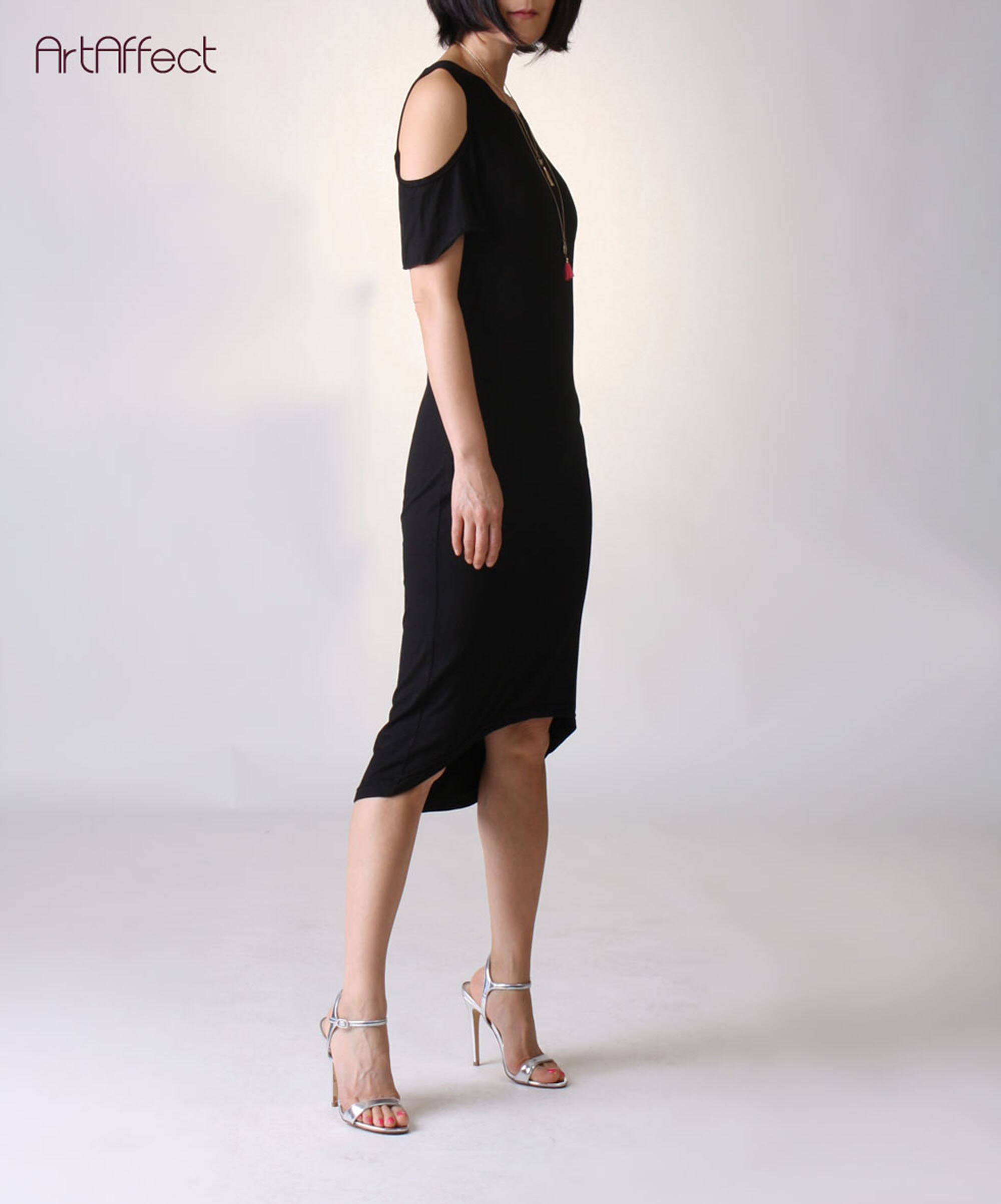 Black Cold Shoulder Dress Curved Hem 
