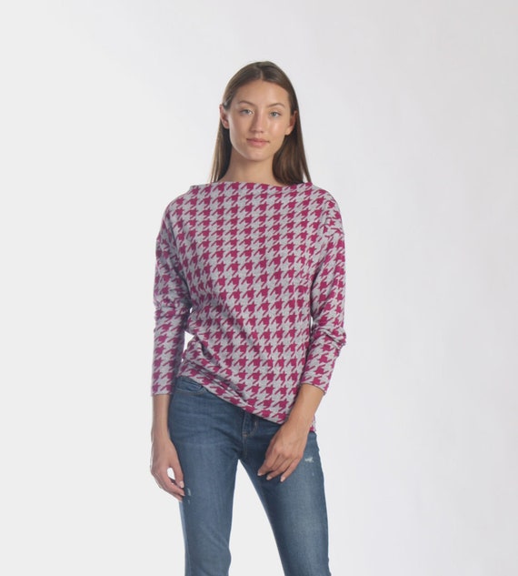 Purple Houndstooth Off Shoulder Sweater / Boat Neck Sweater with Drop Shoulder / Casual Pull Over / Loose Winter Sweater / Gift for Wife