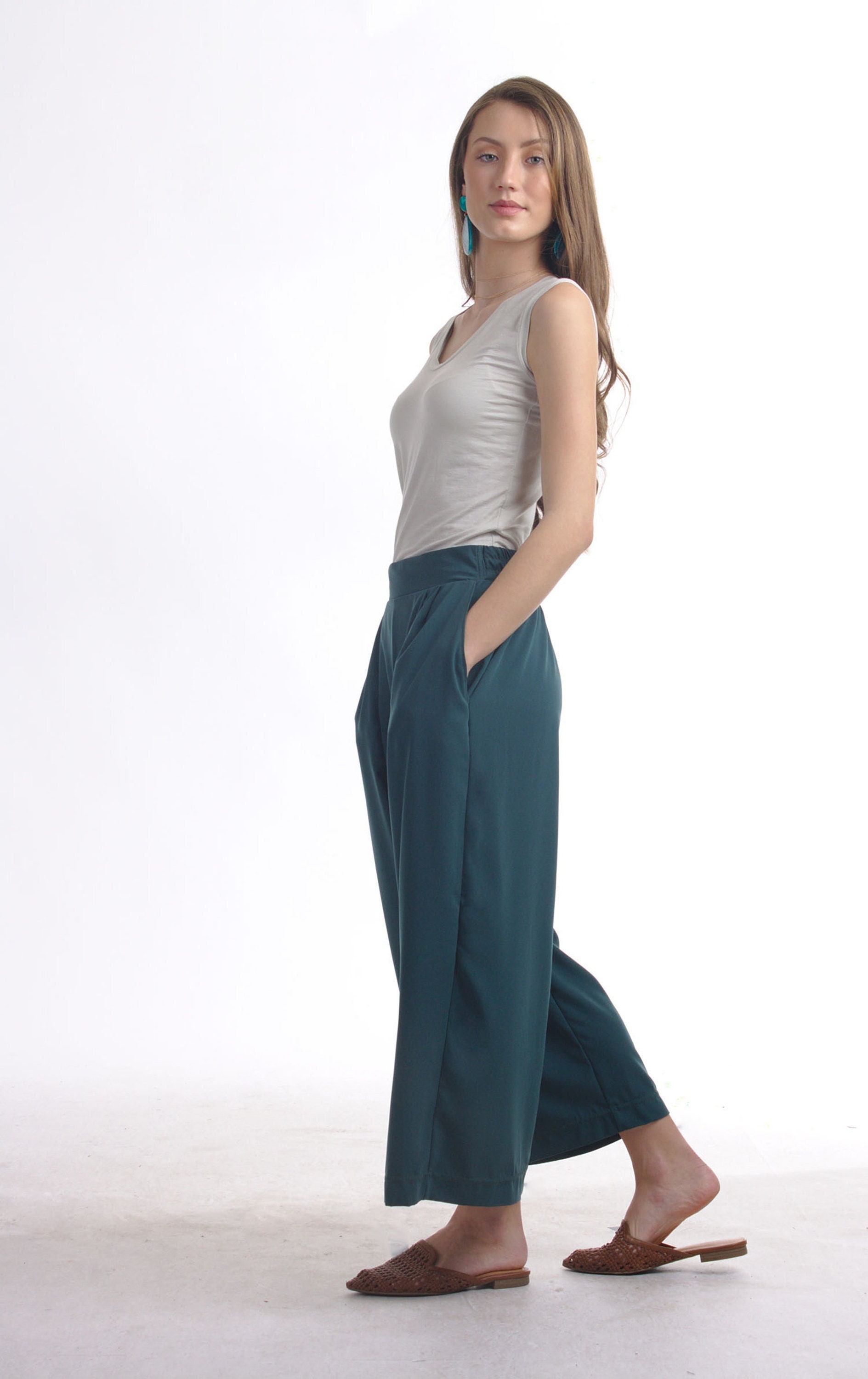 Pleated Wide Leg Crop Pants With Pocket Teal Office Pants
