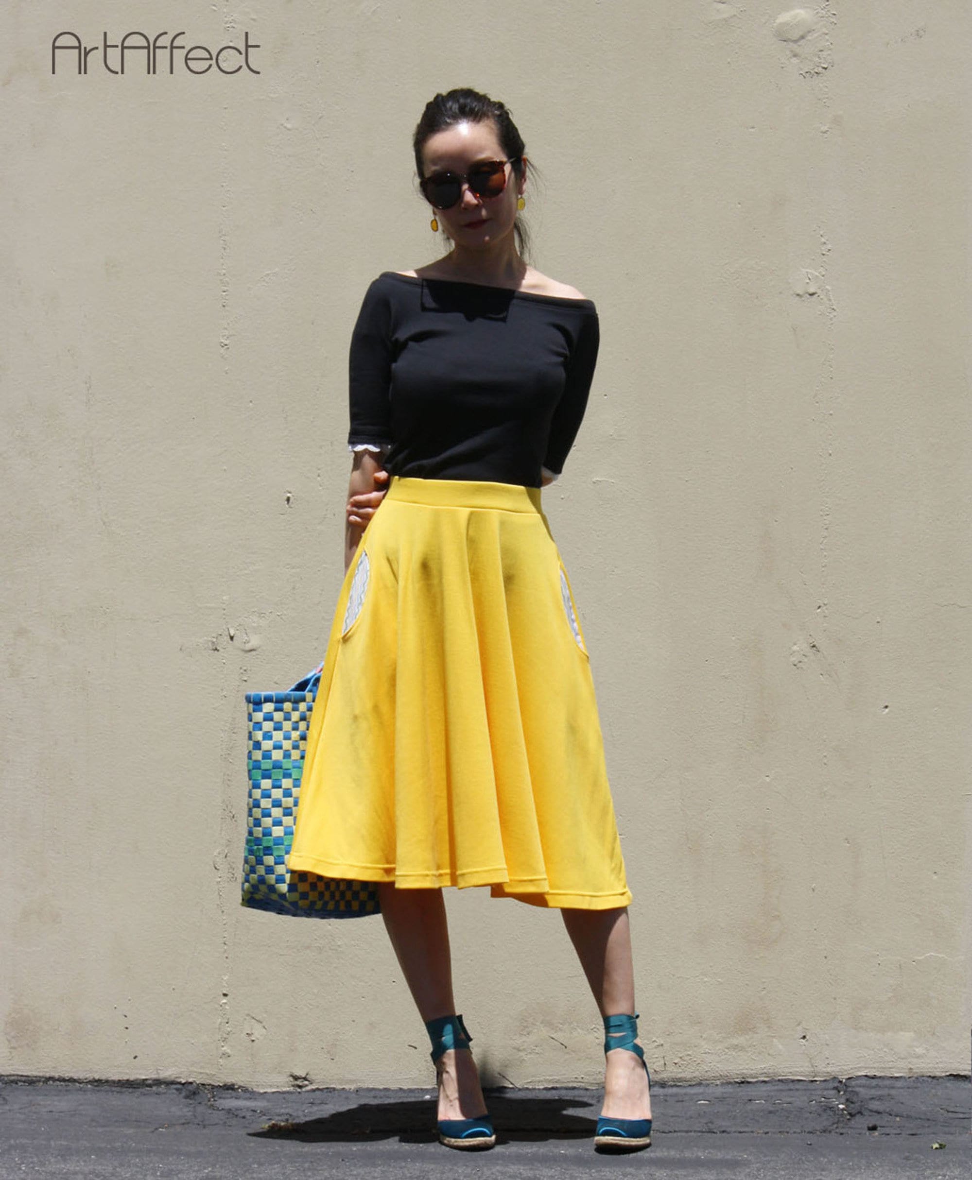 Yellow Full Swing Skirt With Pocket Circle Midi Skirt Plus Size Skirt Swing Dance Skirt Cotton Jersey Skirt Summer Party Skirt Etsy