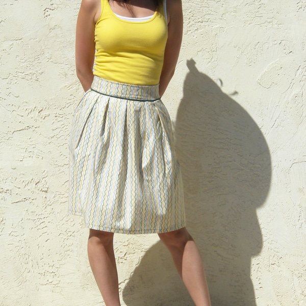 Pleated Cotton Skirt with Pockets – Yellow Green Stripe Summer Tea Party Style