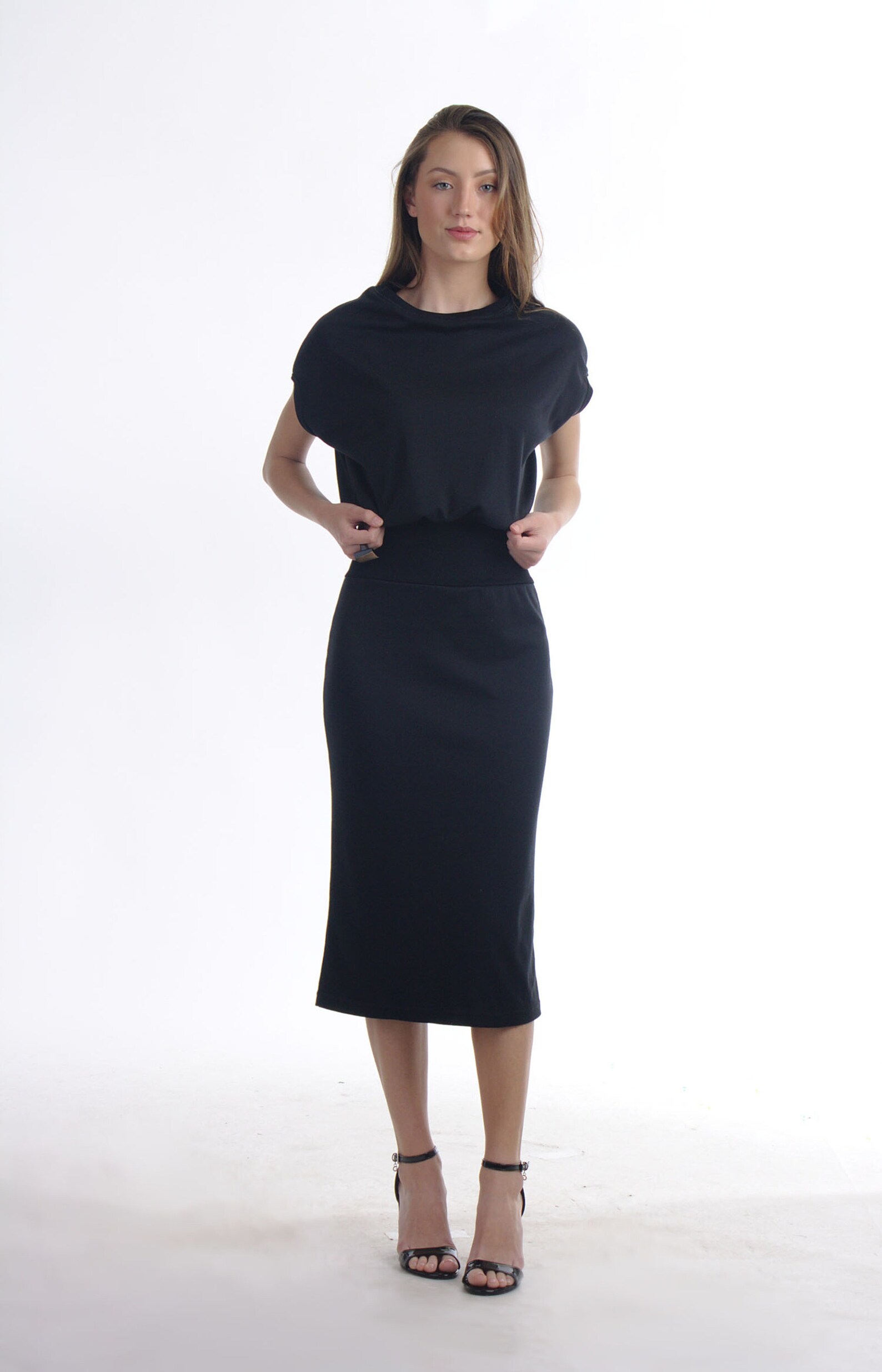 Black Blouson Midi Dress With Drop Shoulder / Pencil Skirt - Etsy