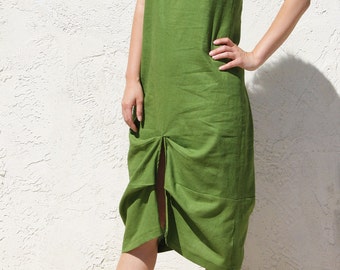 Boho Linen Midi Dress: Moss Green Sleeveless Summer Dress
