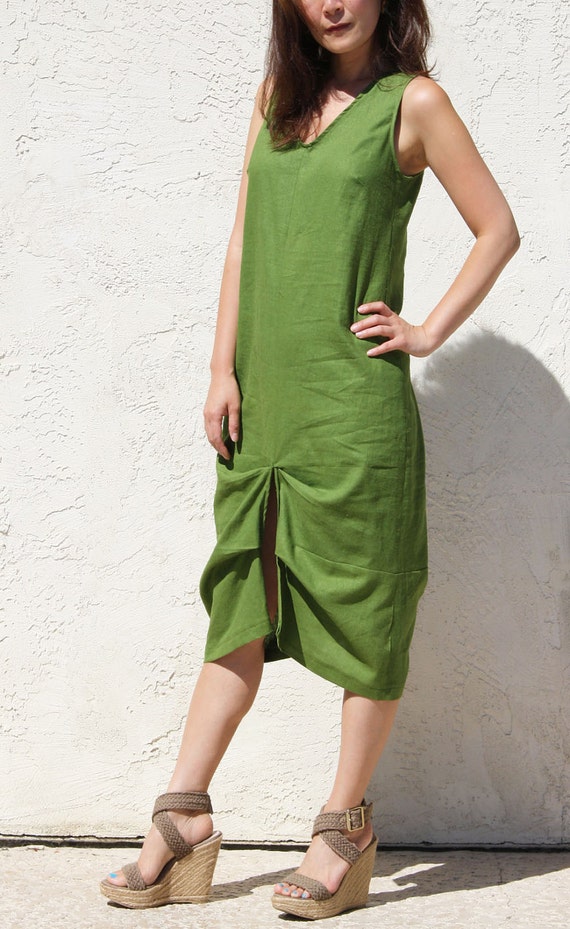 moss green summer dress Boho Linen Midi Dress: Sleeveless quiz-birthday