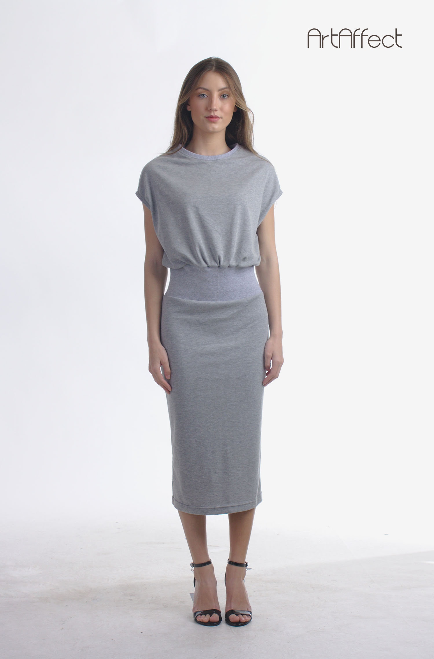 Gray Blouson Midi Dress With Drop 