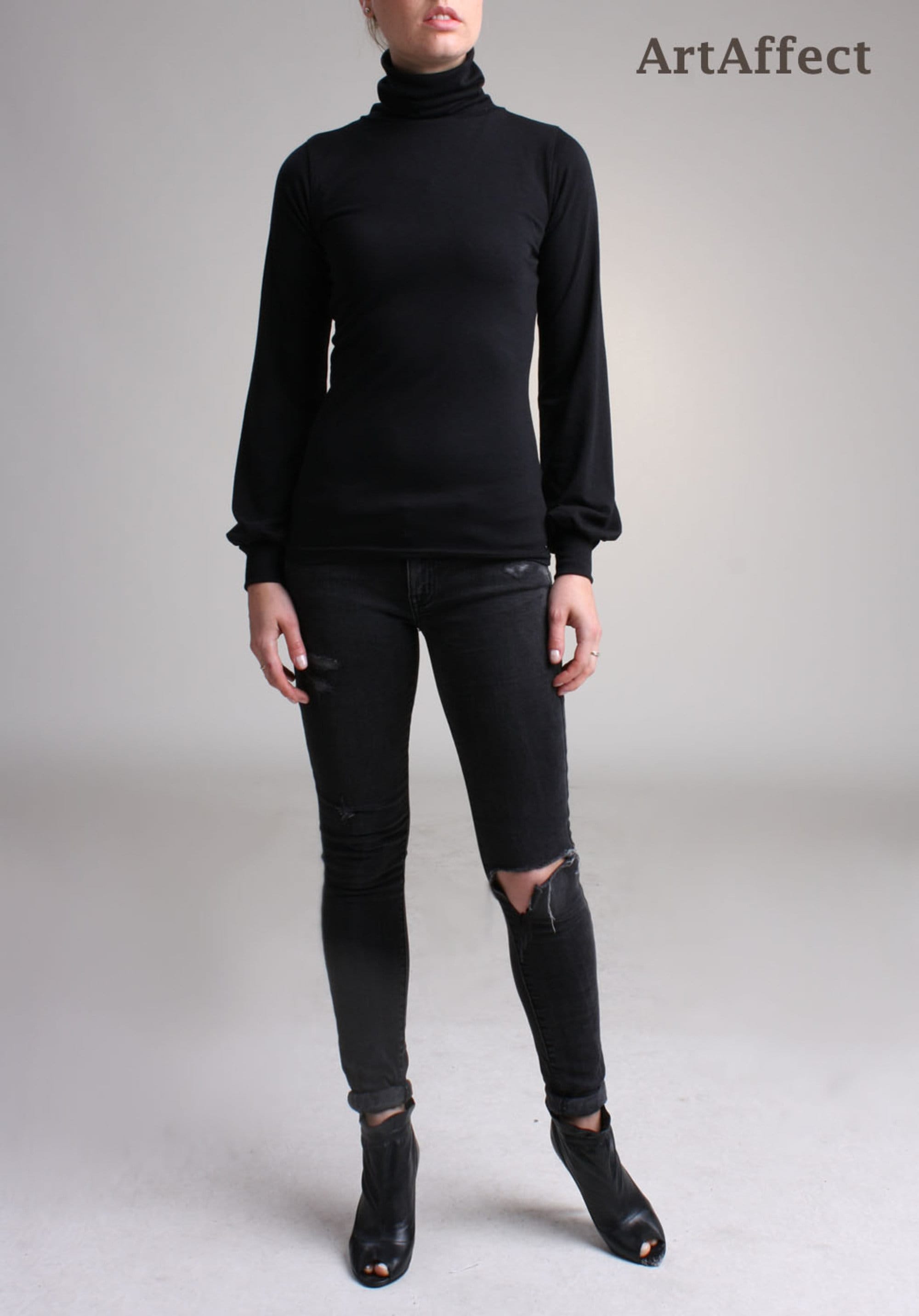 Turtleneck Top with Long Balloon Sleeve / Black Fitted Turtleneck / Winter Top / Slim Jersey Blouse / Light Turtleneck / Puff Sleeve Top