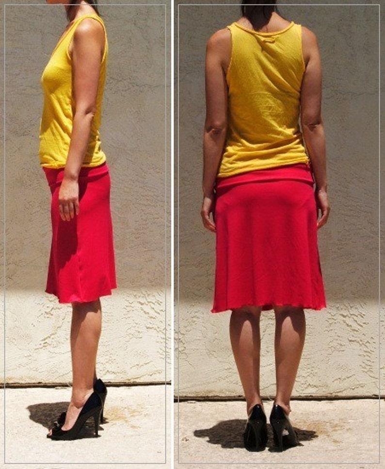 May include: A bright yellow sleeveless tank top paired with a knee-length red skirt. The skirt features a wide, flat waistband and a slightly flared hemline. The outfit is completed with black high-heeled shoes, visible from both side and back views.