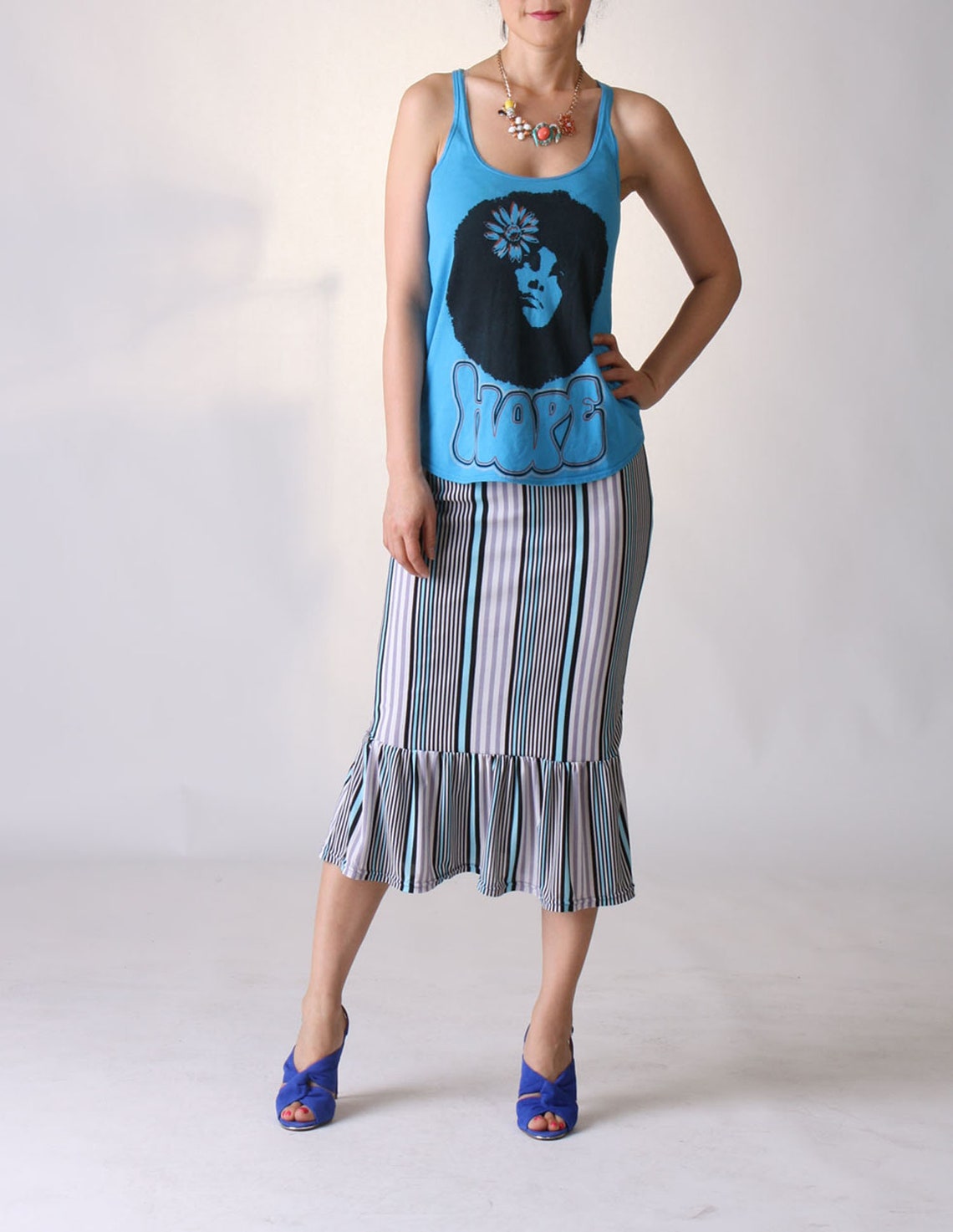 Ruffle Hem Skirt / Midi Skirt / Striped Skirt / Summer Jersey Etsy