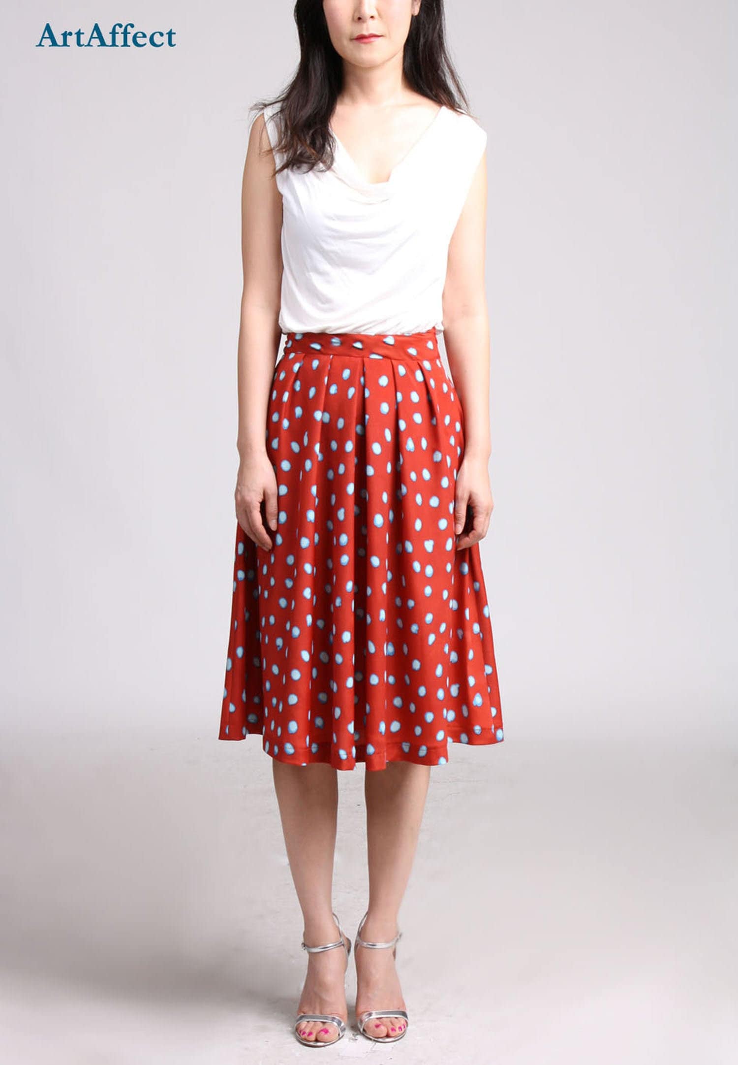 Red Polka Dot Skirt, Pleated Midi Skirt, Spring Full Skirt, Bridesmaid