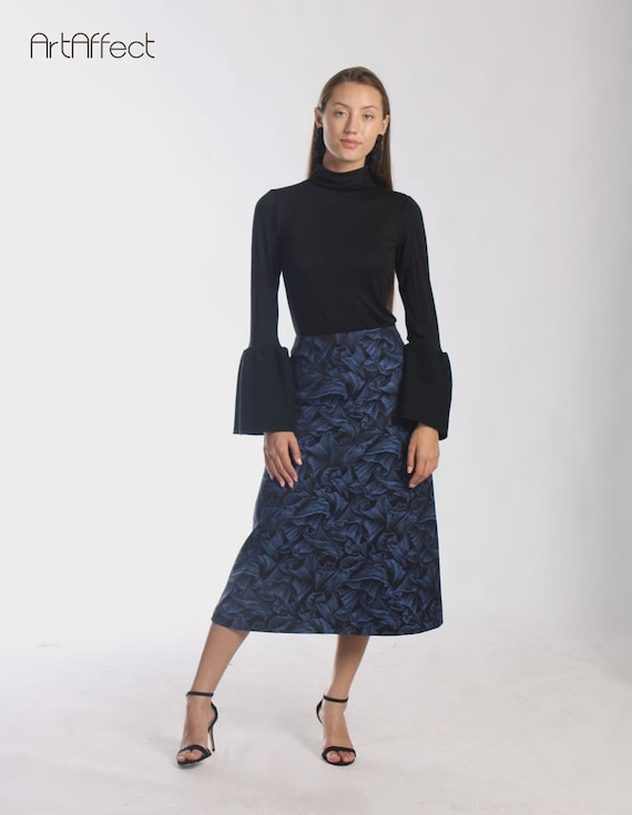 Black Blue Aline Midi Skirt Party Skirt Office Suit Skirt high Waist Skirt Mid Length Skirt flare Skirt full Skirt Formal Skirt Etsy UK