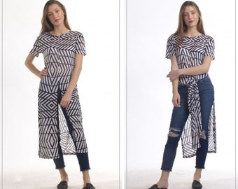 Lange tuniek met zijsplit Korte mouw / Tuniek met split aan de voorkant / T-shirtjurk / Top met hoge split / Top met strik aan de voorkant / Boho lang shirt / Top met hoge zijsplit