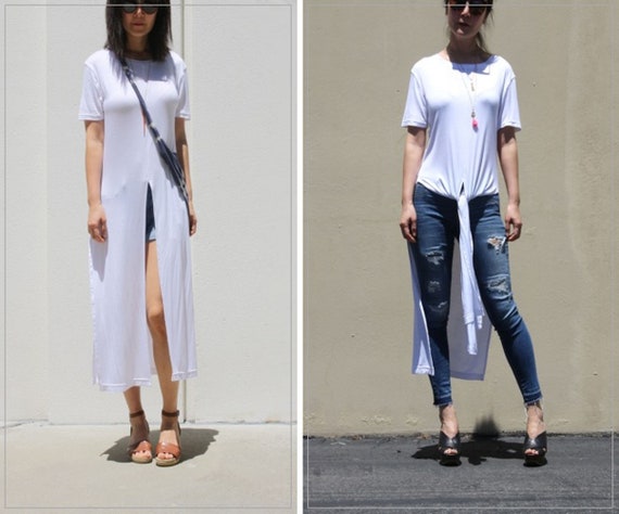 White Front Split Long Tunic Top T-shirt Dress Long Summer - Etsy