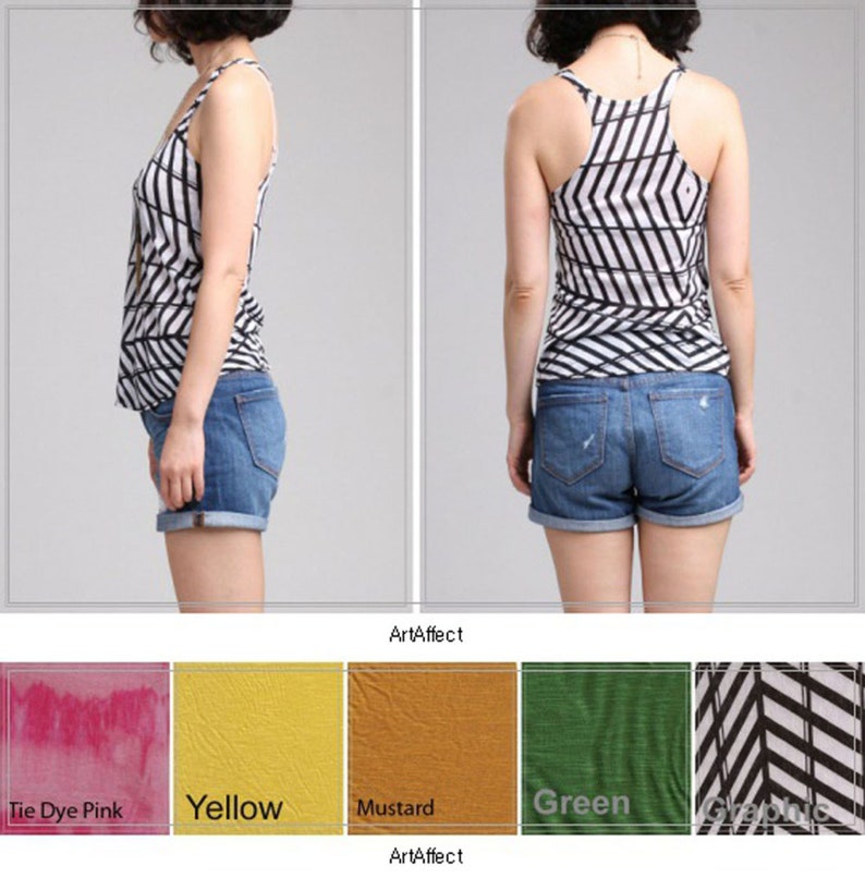 May include: A racerback tank top featuring a black and white geometric chevron pattern, paired with blue denim shorts. Below, color swatches display tie dye pink, yellow, mustard, green, and the black and white graphic pattern with the text ArtAffect.